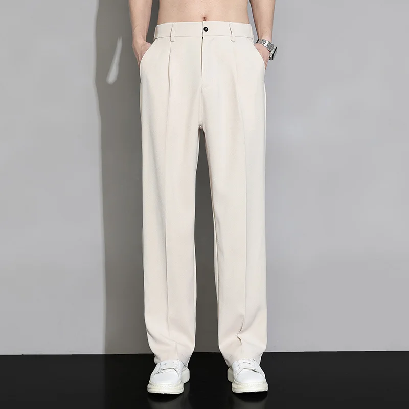 

Spring Summer Ice Silk Thin Casual Young Slim Fit Suit Pants Solid Button Zipper Pockets Versatile Straight Loose Trousers JJ700
