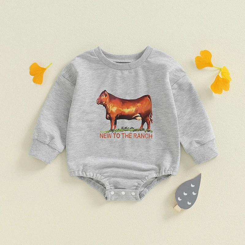 VISgogo 0-12 Months Baby Boy Western Romper Cattle Letter Print Round Neck Long Sleeve Jumpsuit for Fall Casual Clothes