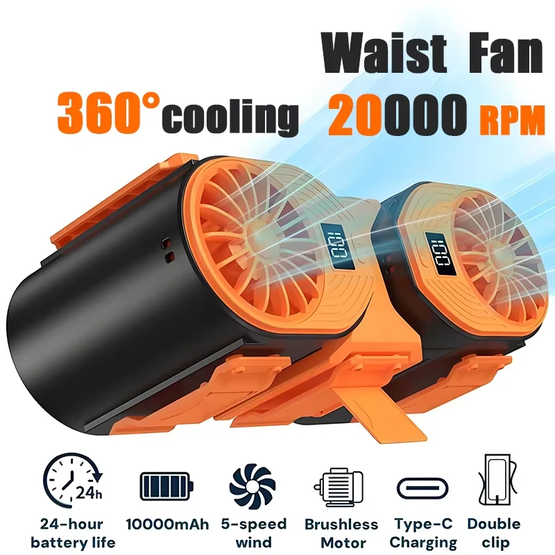 พัดลมคล้องคอ 2025 รุ่น 20000 รอบต่อนาที แบตเตอรี่ 10000mAh ใช้งานได้นาน 24 ชั่วโมง 5 ระดับความเร็ว มอเตอร์คู่ ชาร์จซ้ำได้ พร้อมคลิปหนีบเสื้อ ใช้ได้ทั้งนอกบ้าน ออฟฟิศ และการเดินทาง