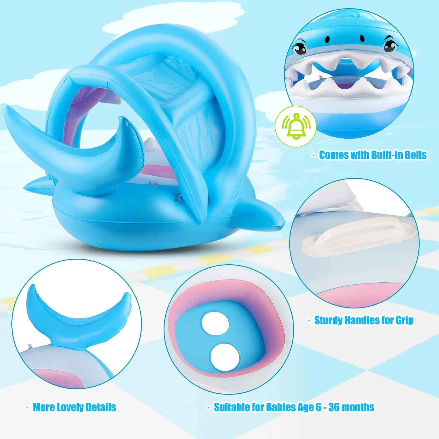 Baby Float Swimming Pool Toddler Floaties with Inflatable Canopy Shark Infant Pool Float for Kids Baby Swimming Pool Float Ring