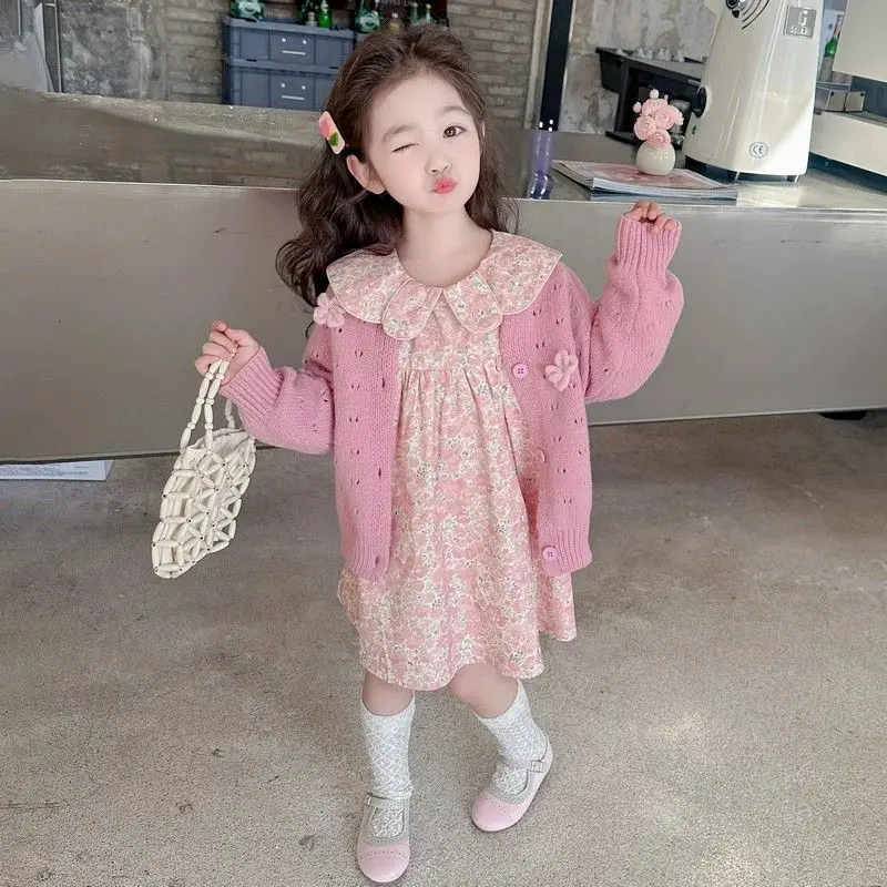 

Kids Children Birthday Princess Clothes 2025 Fashion Girls Baby 2pcs Clothing Set Sweet Flowers Dress+knitted Sweaters Jackets