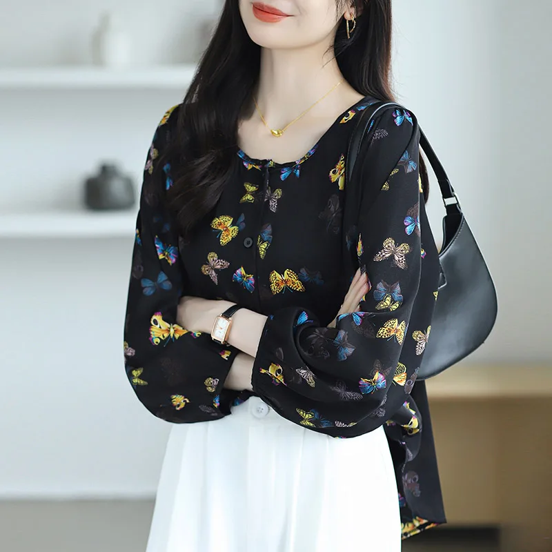 Women Clothing O-neck Long Sleeve Chiffon Shirt Autumn Casual Loose Butterfly Print Blouses Office Lady Elegant All-match Tops