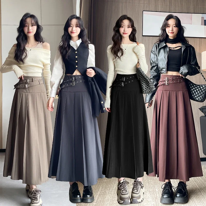 Double Waistband Suit Skirts 2024 Autumn New High Waisted Mid A-line Umbrella Skirt Long Skirt for Women OL Pleated Black Skirt