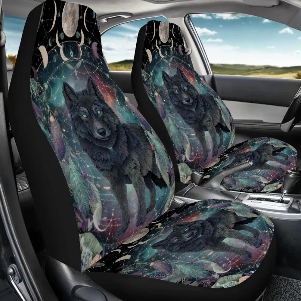 2pcs Lunar Wolf Dreaming Car Seat Covers - Vibrant Wolf & Cosmic Print, Fit For Cars, SUVs, Sedans - Durable Canvas Material, Sp