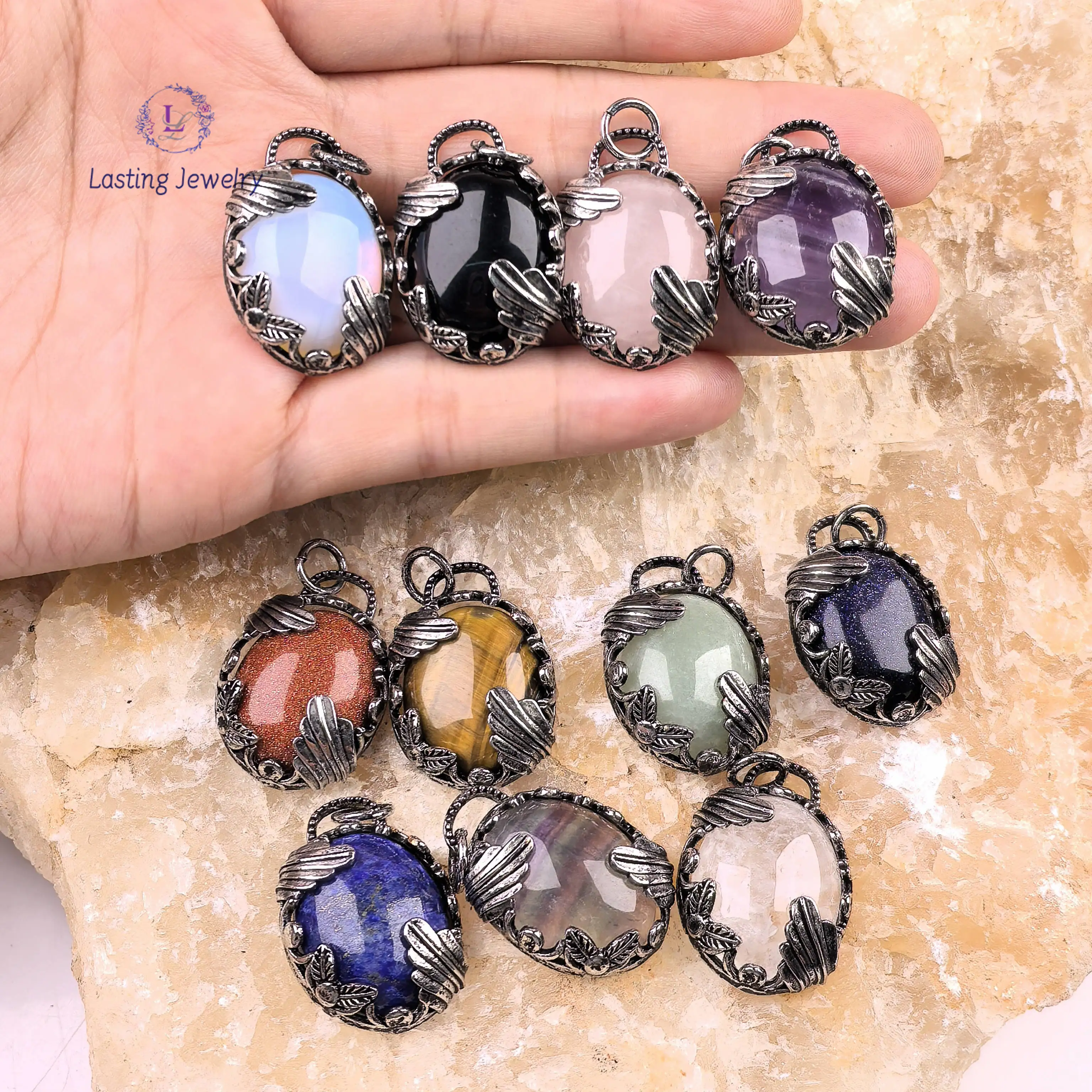 จี้หินธรรมชาติรูปไข่สีเงินโบราณ, คริสตัลบำบัดพลังงานควอตซ์ อเมทิสต์ ฟลูออไรต์ ไทเกอร์อาย สำหรับทำสร้อยคอ DIY