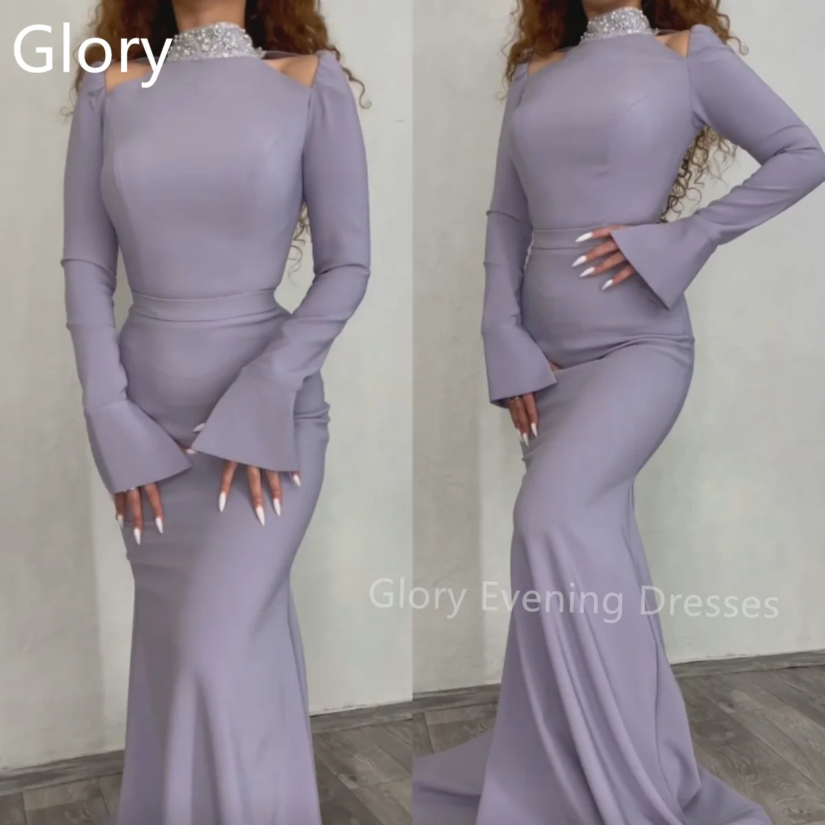 

Lilac Purple Evening Dress Long Sleeves Sharon Dress Pleat Mermaid Prom Dress Saudi Arabia Women Customized Party Wedding Dress