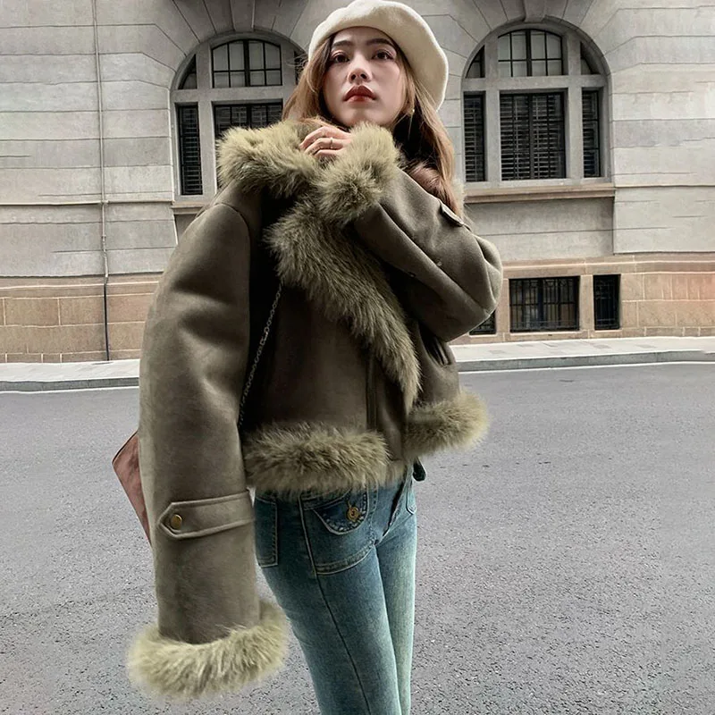 Autumn 2024 Winter New Fur One Jacket Women Outwear Blast Street Suede Short Locomotive Clothing Slim Korean Casual Jacket Tops