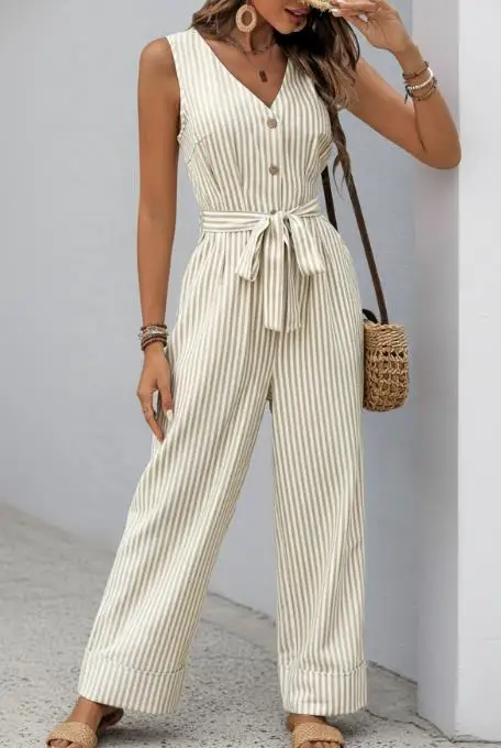 2025 Summer New Popular Casual Style Jumpsuit Sleeveless Shoulder Strap Striped Jumpsuit Pants