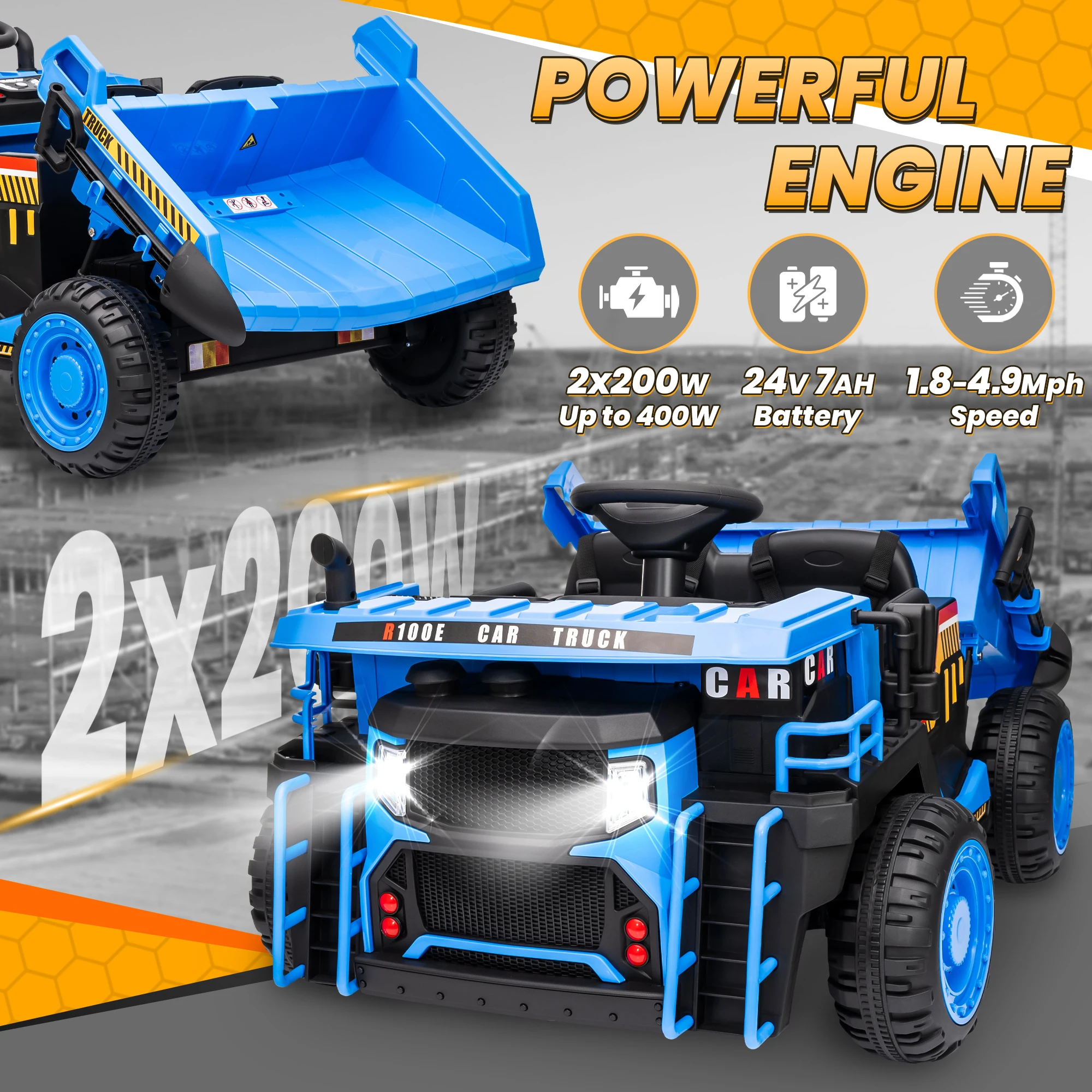 24V Ride on Toys w/Remote Control, 2 Seater 400W Ride on Dump Truck, Electric Powered Ride on w/Dump Bed, 3 Speeds, Shovel, Blue