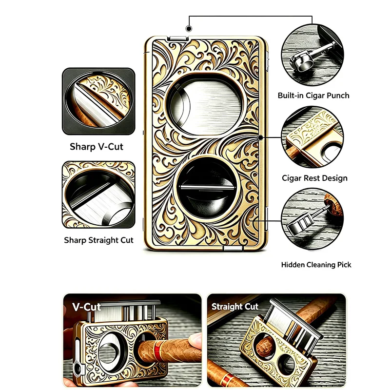 5 in 1 Vintage Engraved Cigar Cutter Multifunctional Straight V Cut Punch Cigar Rest Cleaning Pick Cigar Accessories ﻿