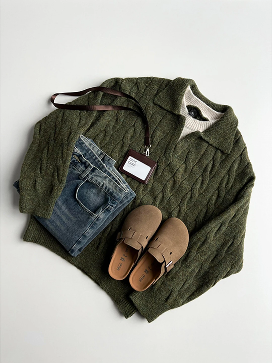 

Зеленый вязаный свитер-поло мужской зимний, базовый слой, свободный крой, имитация двухслойности, повседневный трикотаж