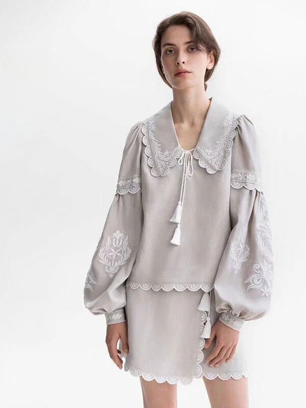 

Elegant 24 Embroidered Floral Wave Set Top Half Skirt Lantern Sleeve round Neck Cotton Linen Blend Adult Fashion Set