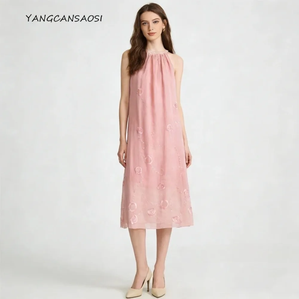 

Платье из 100% натурального шелка шелковицы (за вышивкой), женское повседневное двухслойное платье-жилет без рукавов с подвесным вырезом