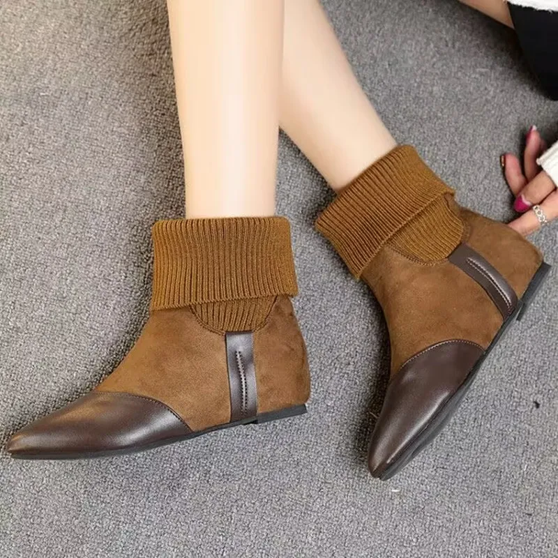 

European American Fashion Retro Short Boots Women 2025 Autumn Winter Knitted Patchwork Boots Female Pointed Toe Plush Boots