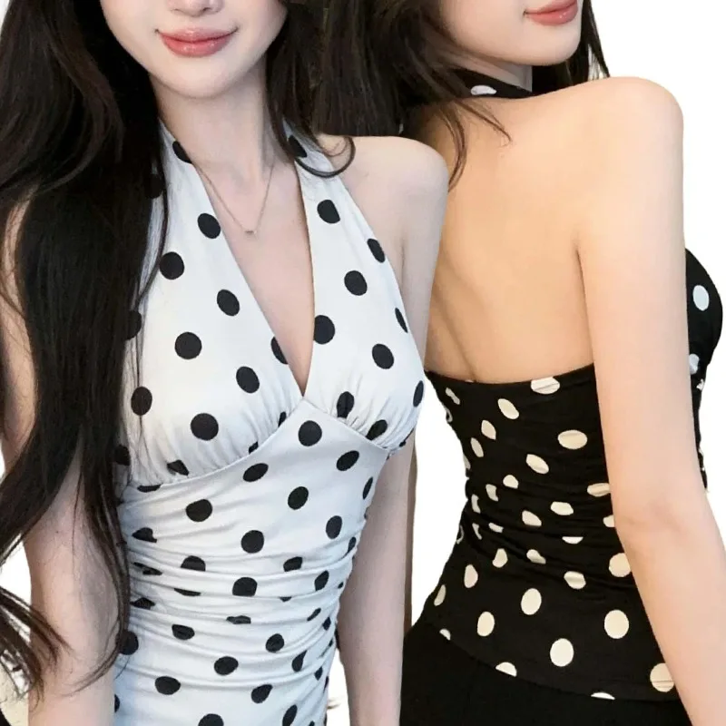 Polka Dot Camisole Damen-Tanktop mit V-Ausschnitt, verstellbare Schnürung am Rücken, ärmelloses Crop-Top, atmungsaktives Polyester, Y2k-Stil, Sommermode