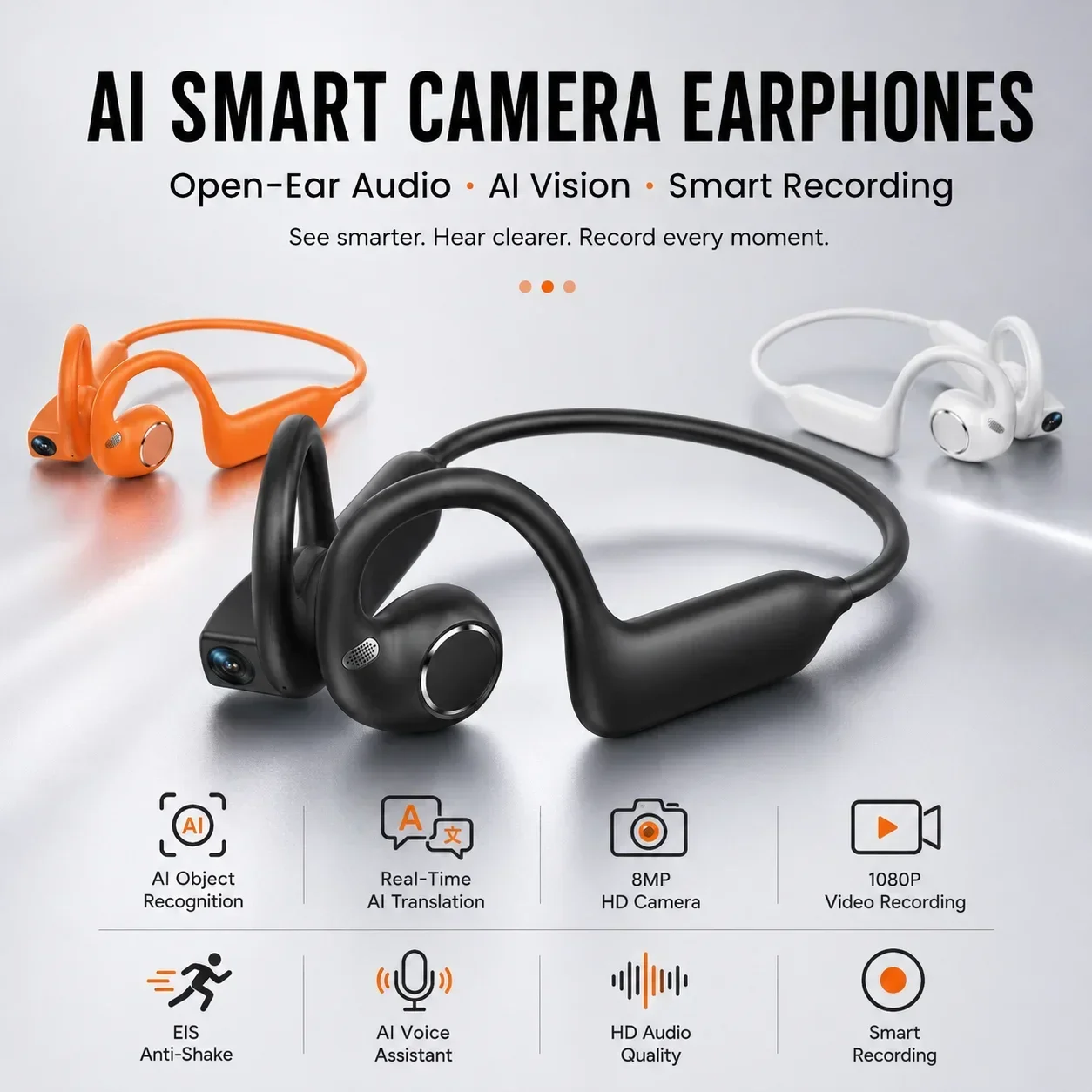 Open‑Ear AI Camera Wireless Bluetooth Headphones 800W Pixel EIS Stabilization 1080P Video AI Recognition Translation Sport Earph
