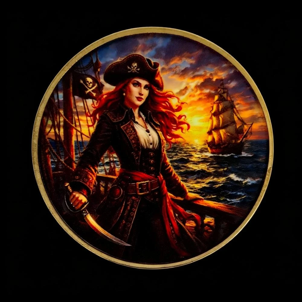 Female Pirate Captain Iron Coin Sunset Ocean Scene Full Color Art Commemorative Coin Pirate Challenge Coin Souvenir