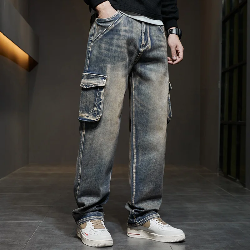 남성용 노란색 진흙 포켓 작업 청바지 새로운 가을, 겨울 모델 스트레이트 루즈한 세련된 고급 청바지 남성용 바지