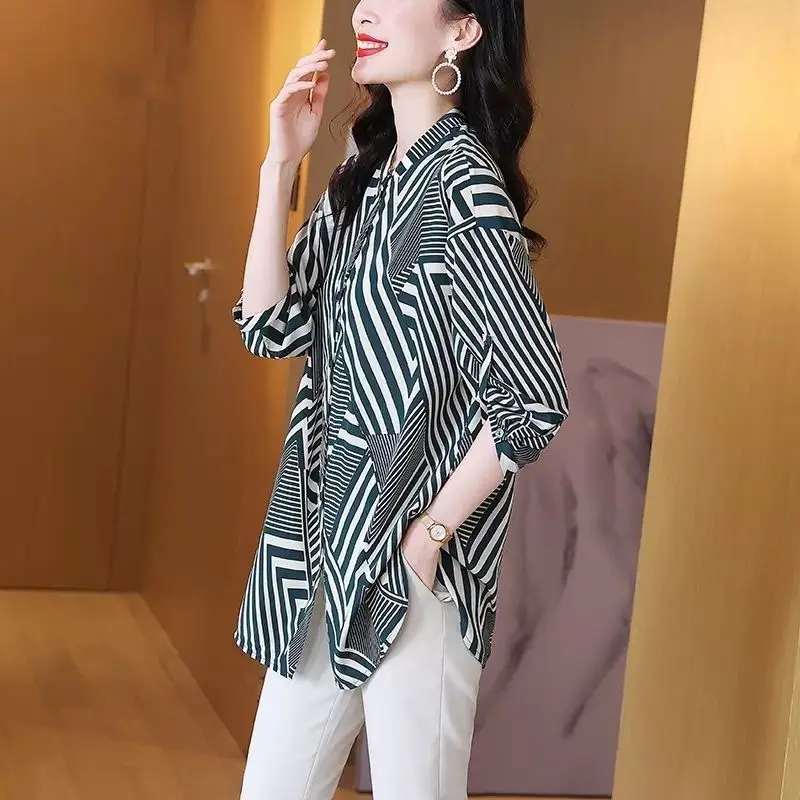 Summer Women 3/4 Sleeve Stripe Chiffon Shirts Button Fashion Simple Versatile Commuter Elegant Casual Mid Length Loose Blouses