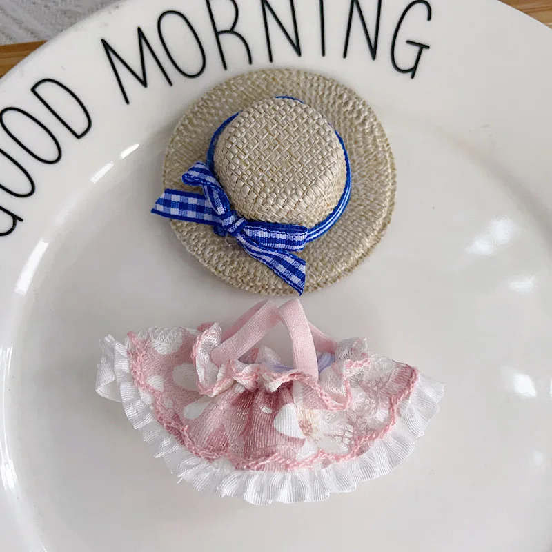 

4th Gen Mini Labubu Heart Code Series Embroidered Dress Set, Pink Purple Blue Skirt with Straw Hat for 10cm Vinyl Doll Outfit