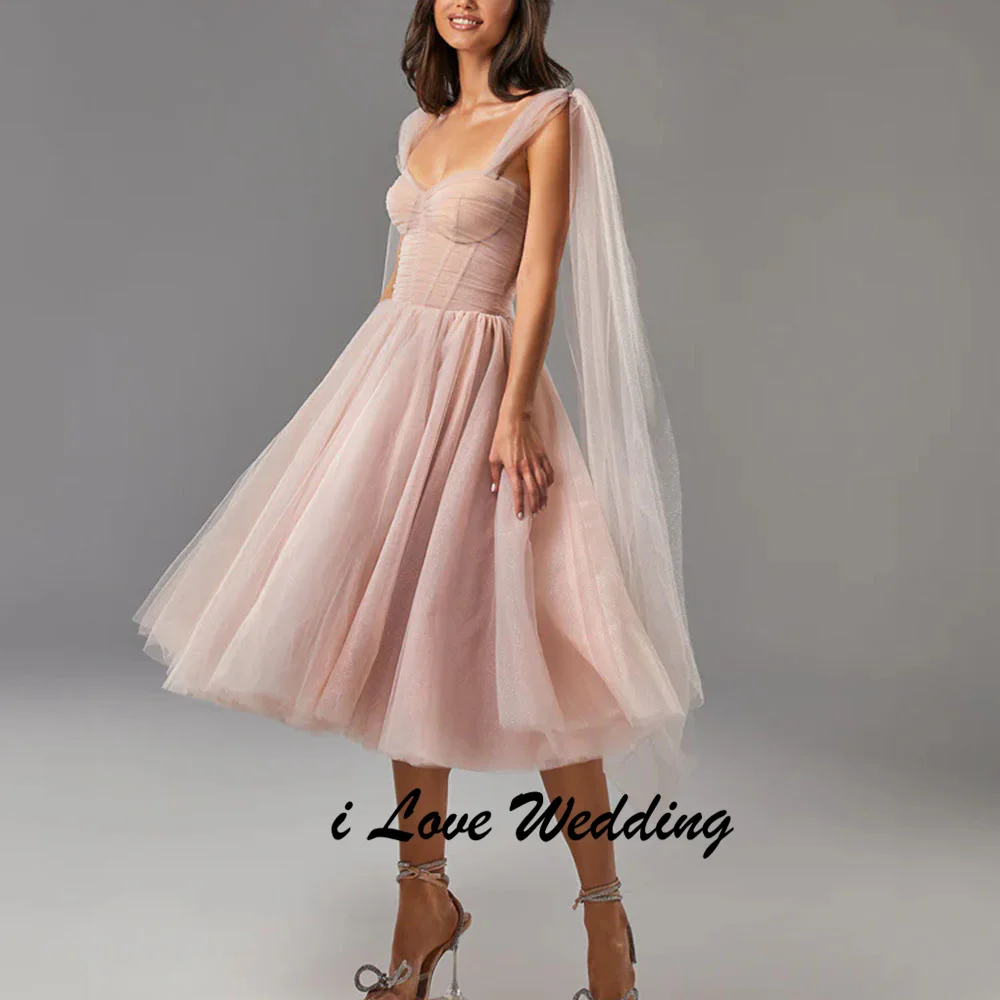 

Customized Elegant Sweetheart Collar Tulle A-line Pleated Prom Dress Lace up Back Tea-Length Flowing Evening Gown for Women