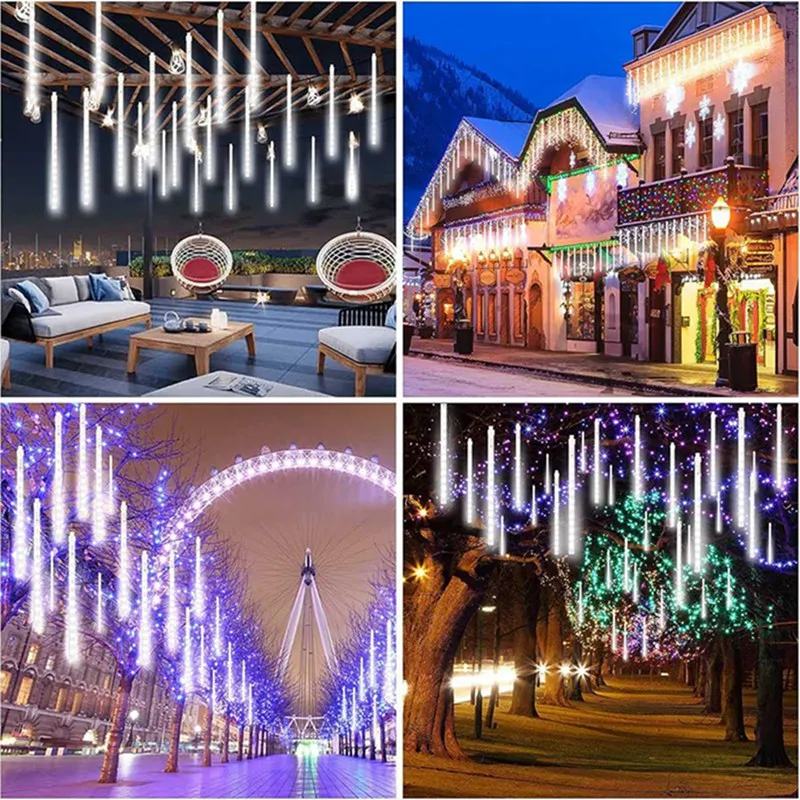 1Pack Meteor Shower Lights Outdoor 8 Tubes Falling Rain Lights Waterproof Lights For Christmas Tree Porch Yard Patio Roof Decor