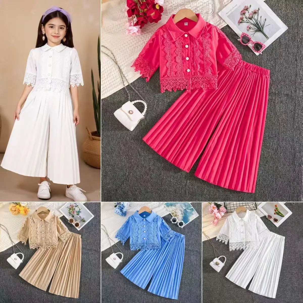 2026 New Toddler Girls 2Pcs Outfit Lace Top + Wide Leg Pants Set Fashion Casual Suit for Middle East & European American Style