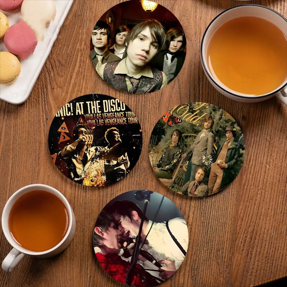 Band Pop P-Panic At The D-Disco pattern art painted wooden anti-slip coasters, suitable for decoration of living room