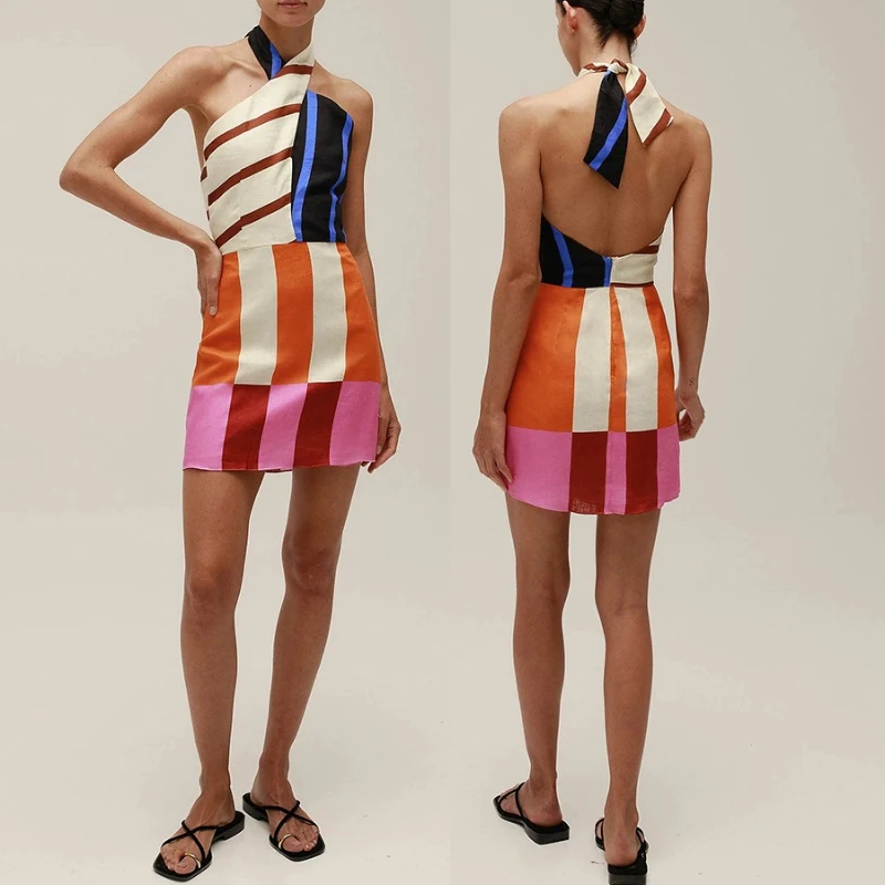 

Vintage Print Sleeveless Sexy Halter Lacing Up Mini Dress For Women Summer Party Dress 2025 Backless Beach Style Ladies Dress