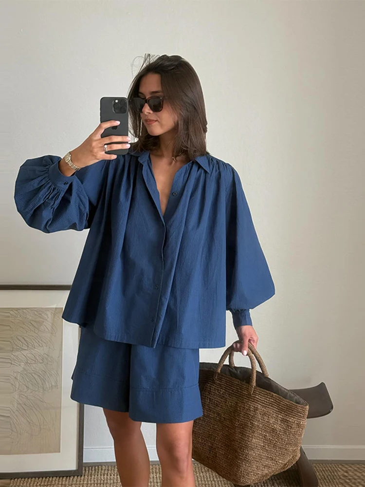 

Summer Shorts Sets Women Loose Lantern Sleeve Lapel Buttons Shirt Drawstring Short Pant 2025 Casual New in Matching Ladies Suits