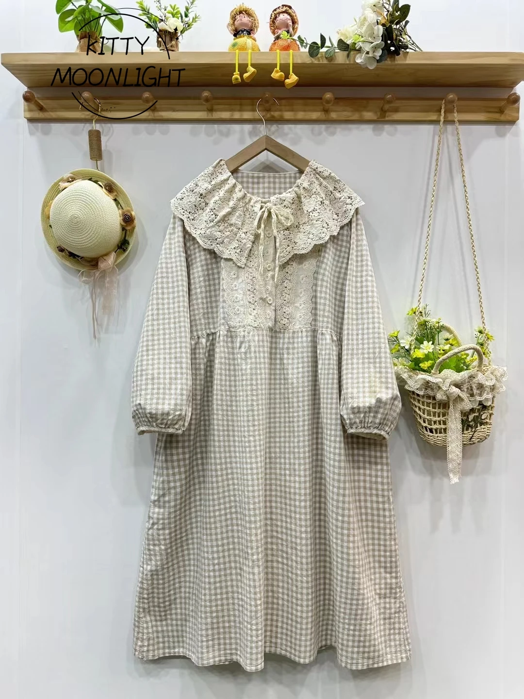 Vintage Plaid Mori Kei Dresses Women Autumn Japanese Lace Peter Pan Collar Long Sleeve Cotton Dress Casual Loose Female Vestidos