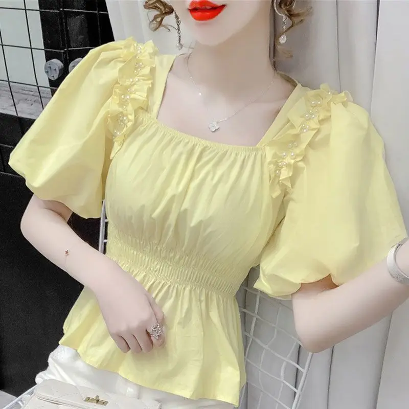 Summer New French Tighten the Waist Fashion Short Sleeve T-shirt Women Solid Square Neck Pearl Folds Chiffon Bubble Sleeve Tops