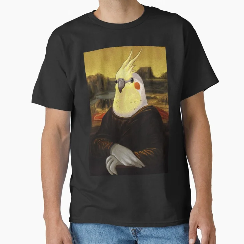 

Cute Cockatiel Mona Lisa meme Funny pet parrot gift T-shirt for bird lover large size tee Adult Tops S-6XL