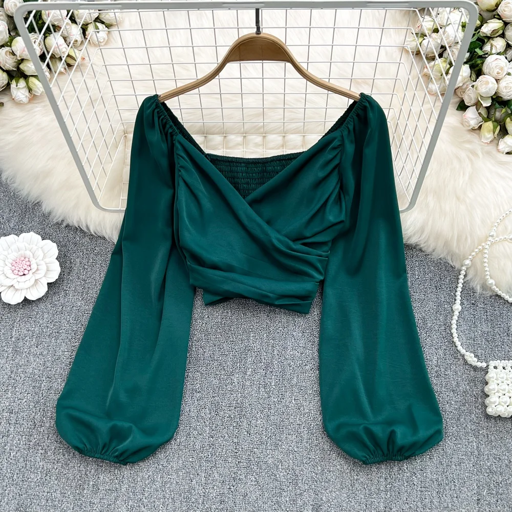 

Spring Faion V-ne Pleated Bubbles Long Sve Overhead irt Women's ort Sle Belly Button Exposure Ele irt