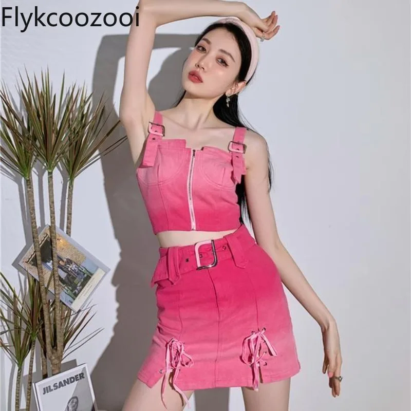 

Y2k Gradient Zipper Jeans Camisole Crop Top Women High-waisted Sheath Wrap Hip Mini Skirt Summer Chic Denim Two Pieces Set