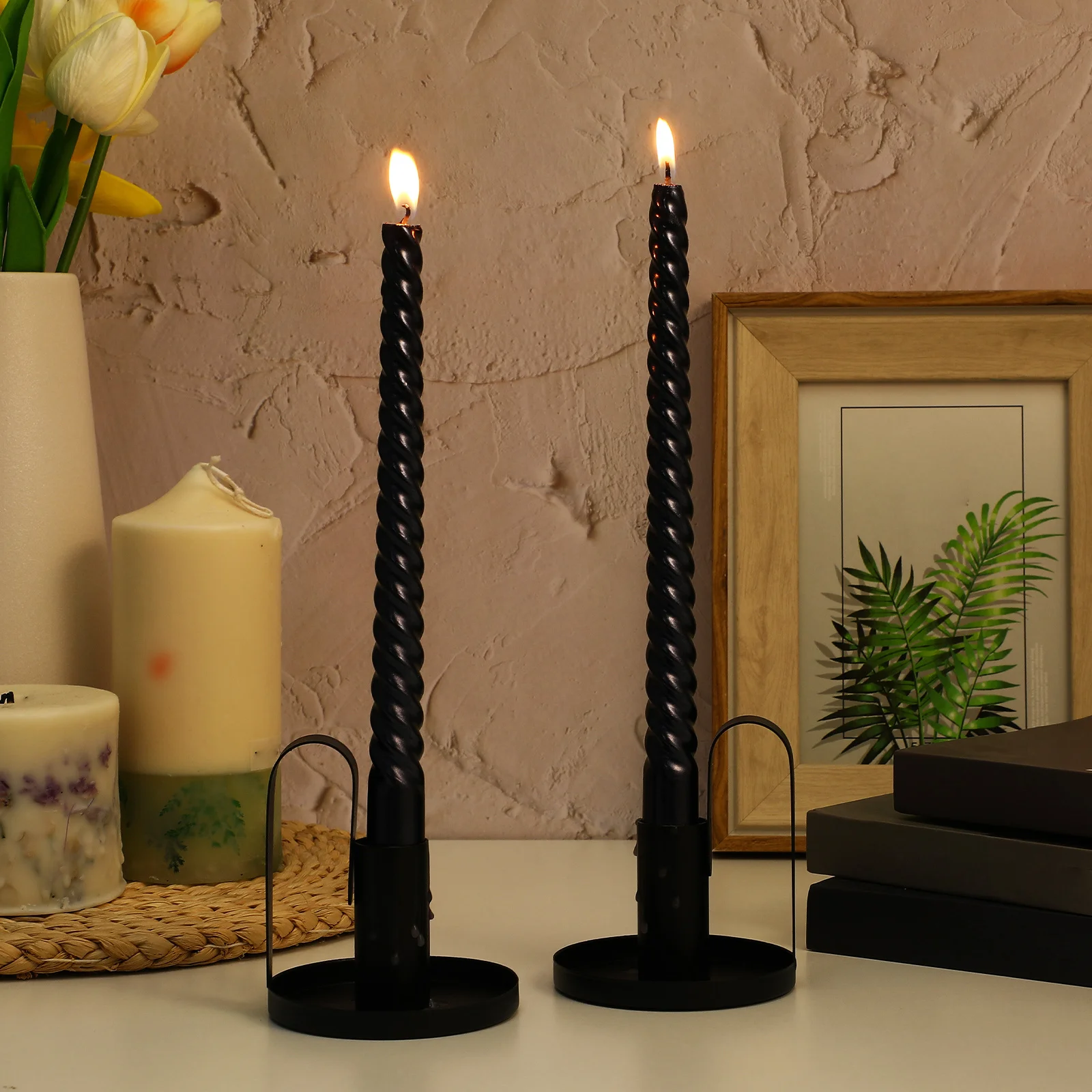 

2Pcs Retro Holder Kit Black Iron Candlestick Stands for Long Tapered Candles Mantel Bookshelf Bar Counter Decor