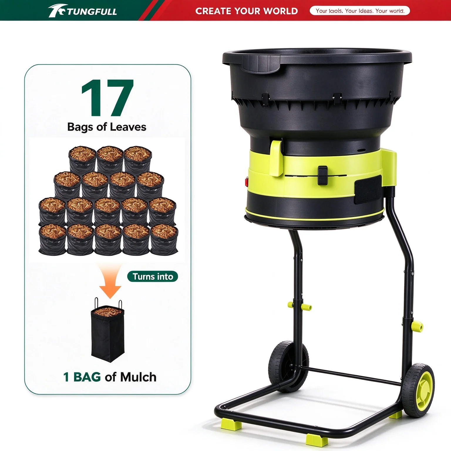 TUNGFULL 2500W Electric Leaf Crusher Garden Leaf Shredder Mulcher Grinder Yard Waste Shredder Machine for Lawn Backyard