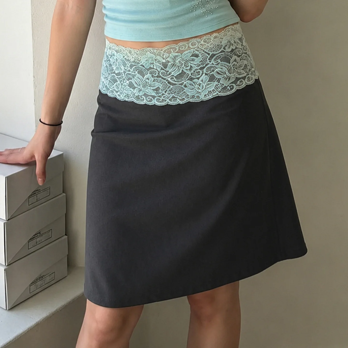 Contrasting Color Lace Splicing Waist Design Sense A Swing Skirt Spice Girl Skirt Woman