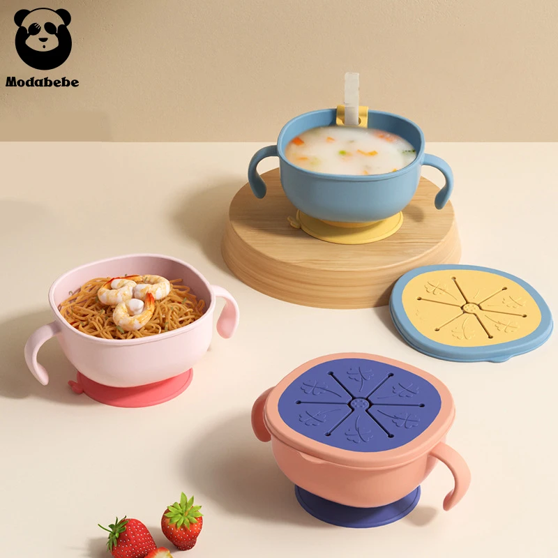 Modabebe 2PCS Straw Baby Sucker Bowl Baby Snack Bowl Tableware for Kids Waterproof Suction Bowl Children Dishes Kitchenware