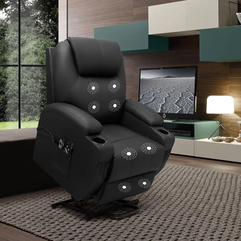 Silla reclinable con elevación eléctrica para personas mayores, sofá reclinable para sala de estar con masaje, bolsillos laterales y portavasos (cuero)