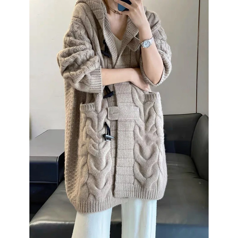 Woman 100% Pure Wool Cashmere Sweater Hooded Collar Long-style Cardigan Knit Tops Autumn Winter Warmth Thick Horn Button Outwear