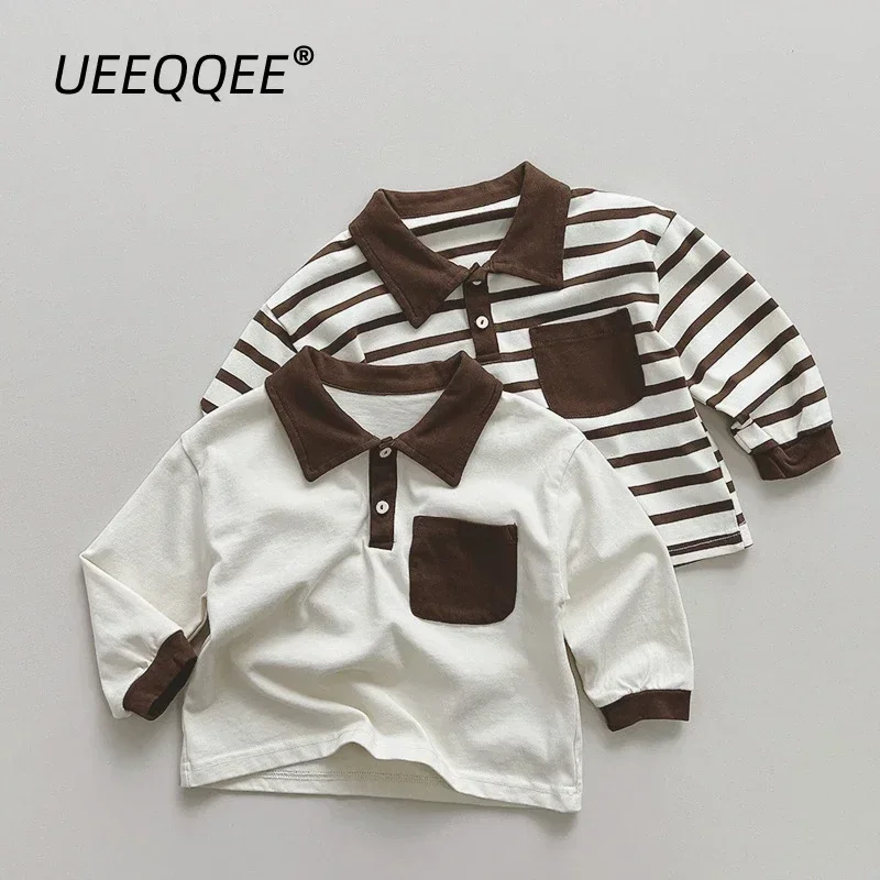 Cotton Striped Pocket 2023 Spring Autumn New Children Polo Shirt Boys Casual Long Sleeve Tops Toddler Wear Kids Clothes For 1-8Y