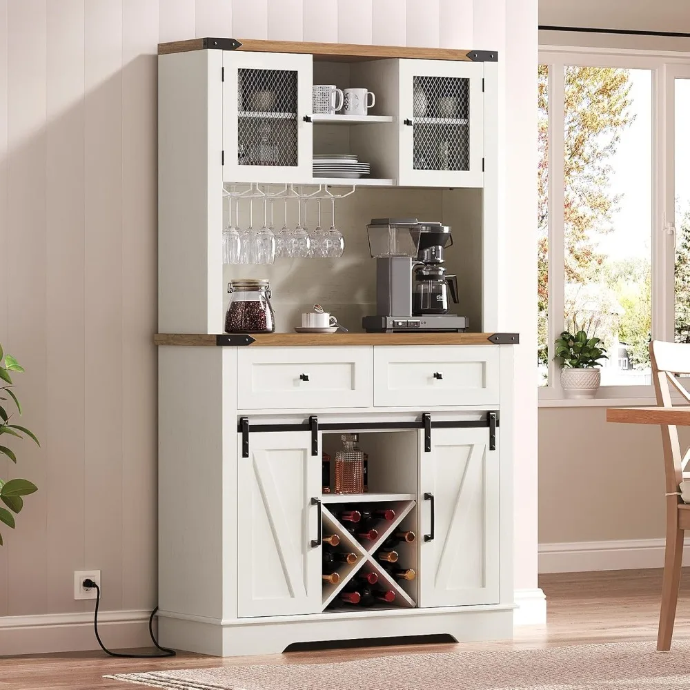 Tall Coffee Bar Cabinet com luz e Power Outlet, Farmhouse Buffet Cabinet com armazenamento, deslizante porta de celeiro, 70,8"