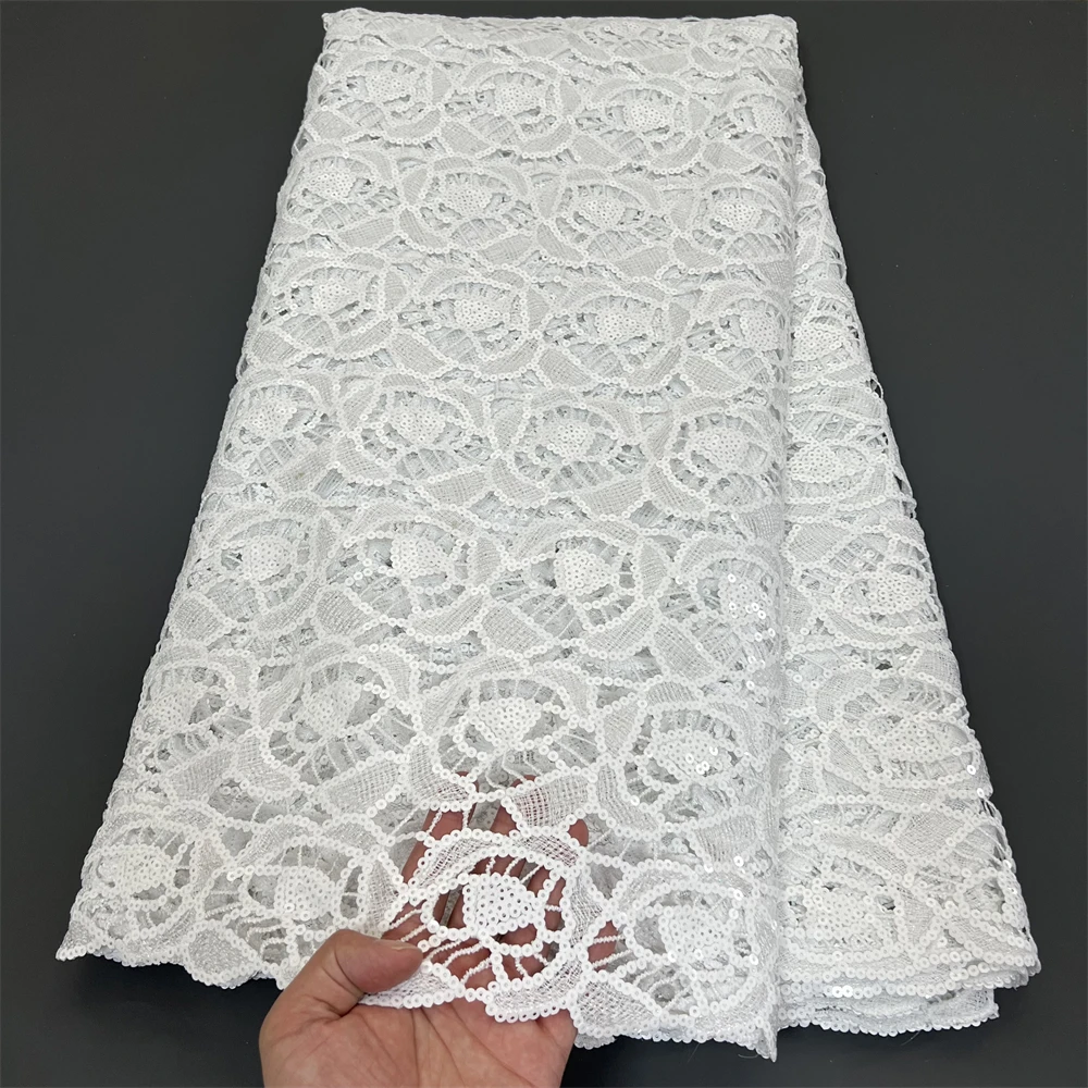 2024 High Quality Nigerian Guipure Lace Fabric with Sequins African Water Soluble Lace for Women Wedding Party Dresses PS0050