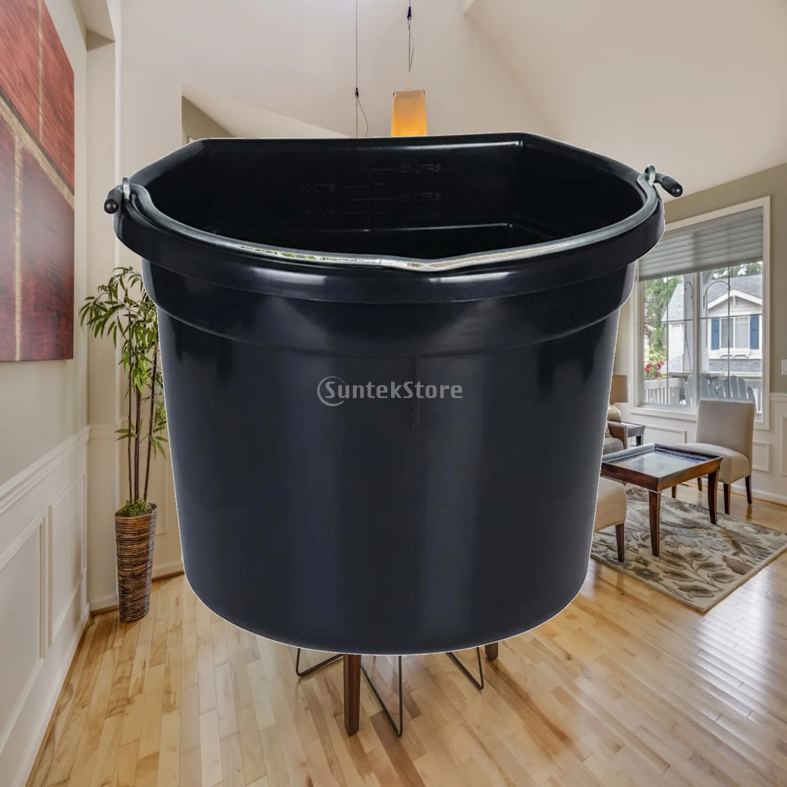 Durable Plastic Stall Bucket with Metal Carry Handle and Interior Level Marks for Horse Feeding Watering