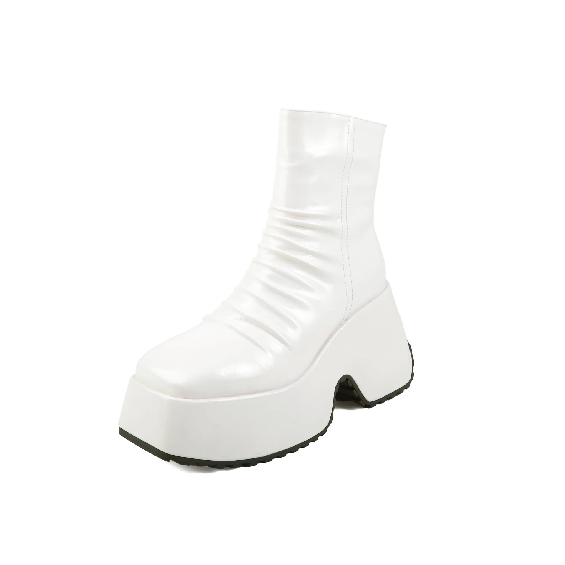 Arden Furtado Women's White Cowhide Leather Platform Wedge Short Boots Square Toe Side Zipper High-Heeled Pleated Modern Autumn