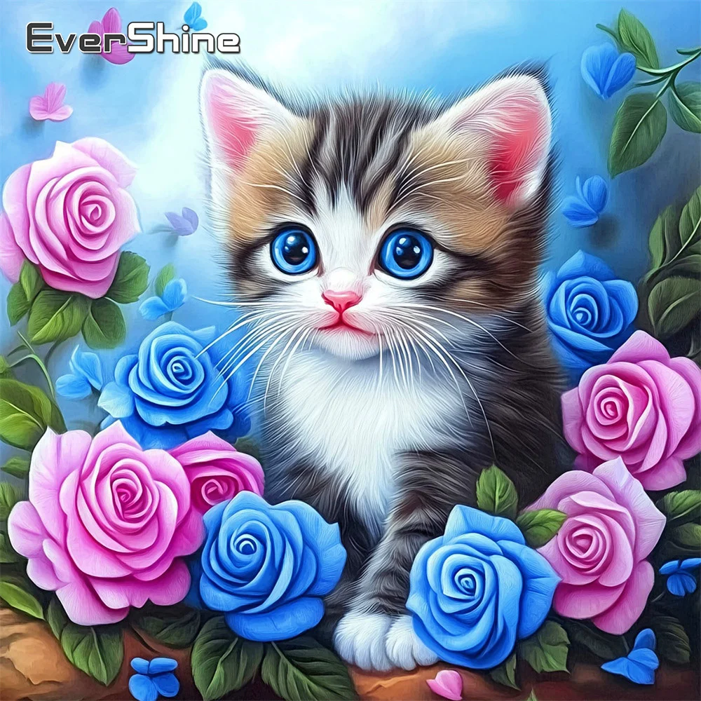 EverShine Diamantmalerei Tierbild Strass-Stickerei Katze Vollquadrat-Mosaik Rose DIY Bastelset Kindergeschenk