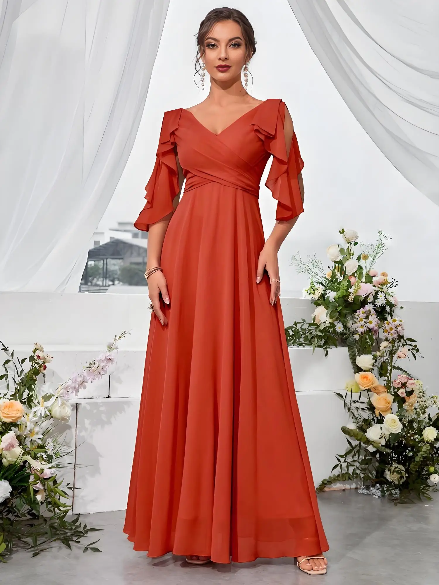 Beshinel مخصص الخامس الرقبة نصف كم الكشكشة الشيفون فساتين السهرة الزفاف ضيف فساتين وصيفة الشرف Vestidos De Festa