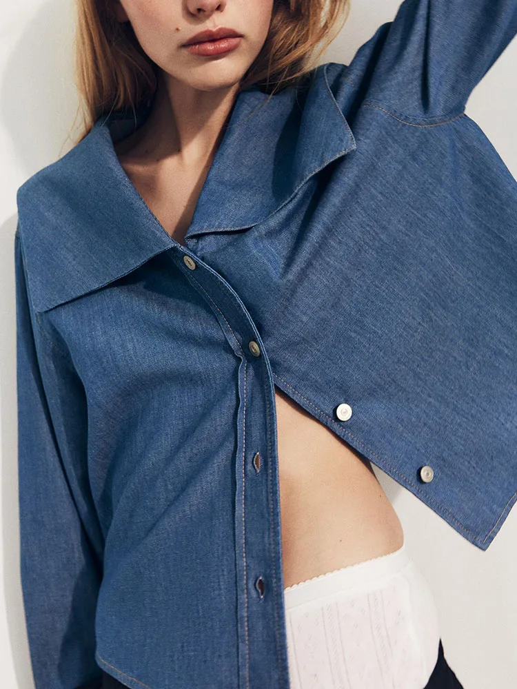 

Spring New Arrival Women's irt Anti-Aging Single Button Denim Effect Long Sve Flat Collar Classic Commute Sle Pure Color