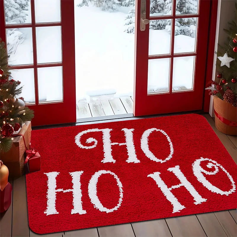 Pink Bauble Pine Star Merry & Bright Letter Print Non Slip Front Door Mat Soft Xmas Holiday Entryway Decor Rug